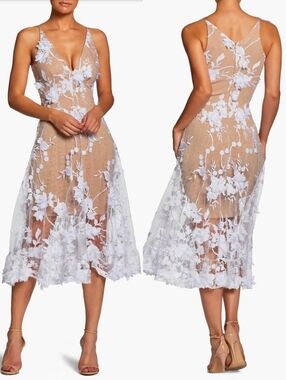 Dress the Population Audrey Embroidered Fit & Flare Dress Off White Medium NEW!